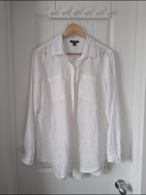 Lord & Taylor White Linen Button-Front Blouse